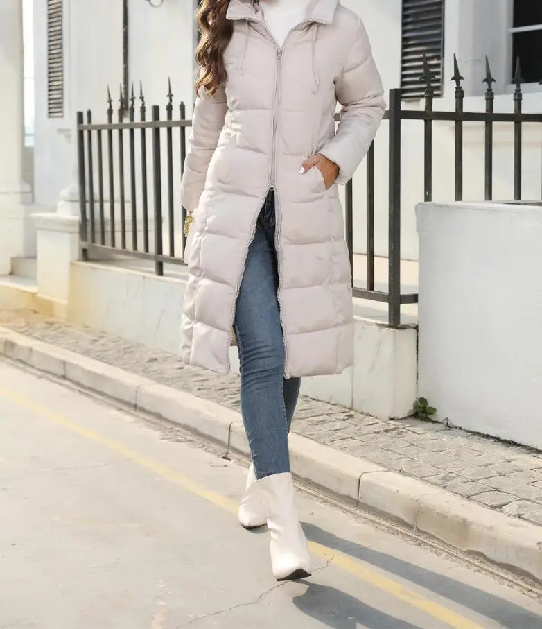 Winter New Hooded Mid Length Slim Fit Warm Long Sleeve Solid Color Down Jacket For Women,3 Colors Kafinashop