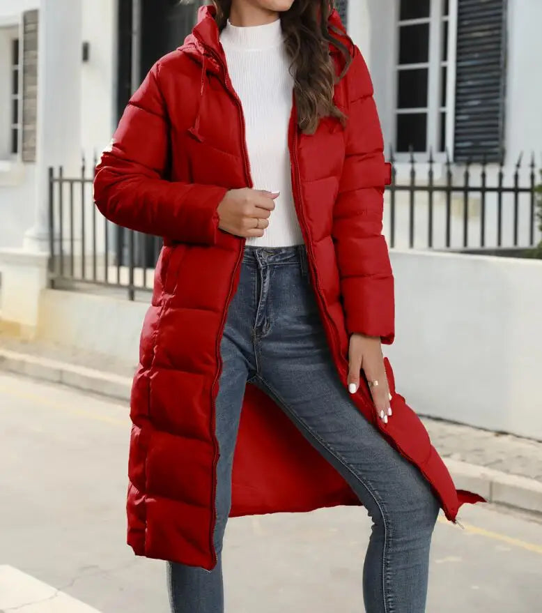 Winter New Hooded Mid Length Slim Fit Warm Long Sleeve Solid Color Down Jacket For Women,3 Colors Kafinashop