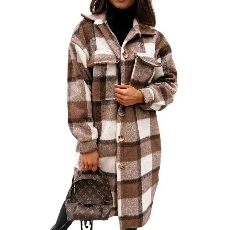 2024 Single Breasted Trench Coat Fashion Long Autumn Winter Women's Clothing Long Sleeve Woolen Plaid Overcoat Coat Kafinashop