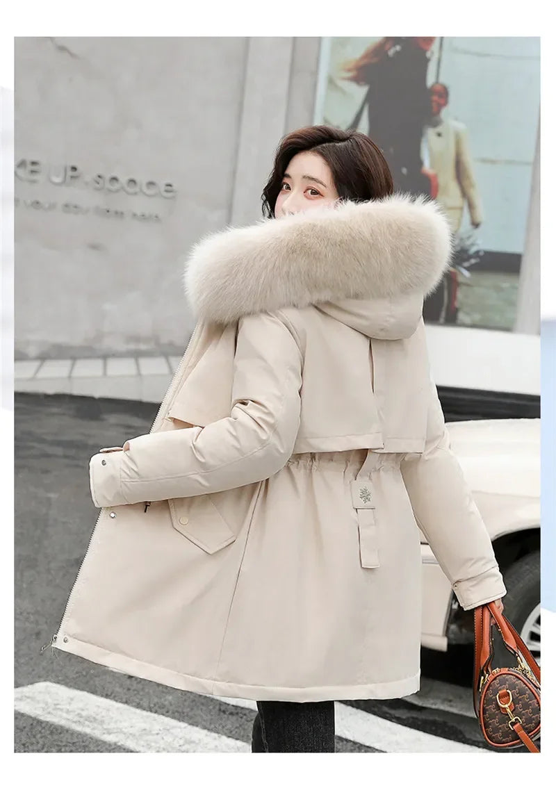 Winter Coat Low Price On Sale Women Beige Add Wool Thick Warmth Fur Hooded Parkas Jacket 2023 New Fashion Belt Slim Cotton Coat Kafinashop