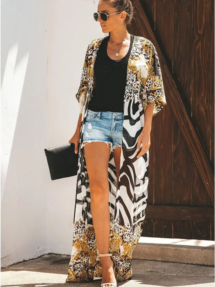 Bikini Cover Up Chiffon Beach Kimono Women Leopard Printed Long Cape for Swimsuit Tunic Summer Beach Wear Factory Supply Ma boutique