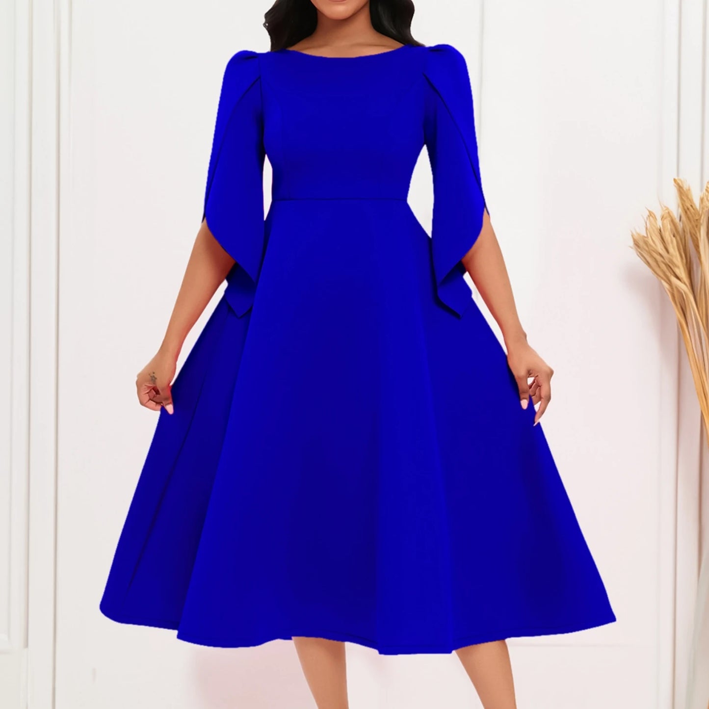 Women's Dress Elegant Party Dresses Summer Solid Color Round Neck Silm Evening Dress Female Large Swing Medium Length Dress Kafinashop