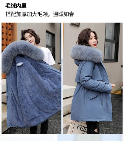 Winter Coat Low Price On Sale Women Beige Add Wool Thick Warmth Fur Hooded Parkas Jacket 2023 New Fashion Belt Slim Cotton Coat Kafinashop