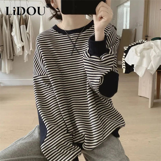 Spring Autumn New Round Neck Striped Simple Sweatshirt Ladies Long Sleeve Loose Casual Fashion Top Women Pullover Female Clothes Kafinashop