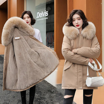 Women Parka Fashion Long Coat Wool Liner Hooded Parkas 2023 New Winter Jacket Slim with Fur Collar Warm Snow Wear Padded Clothes Kafinashop