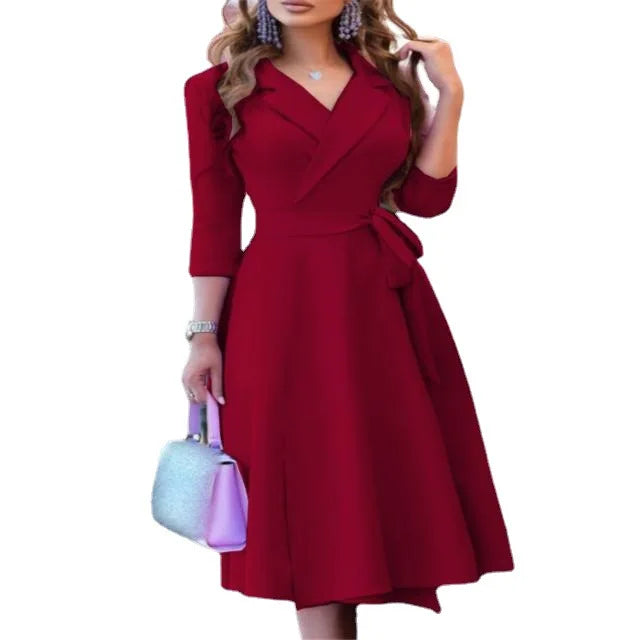 New Womens Dress Clothing Printing Suit Collar Tie Dress Kafinashop