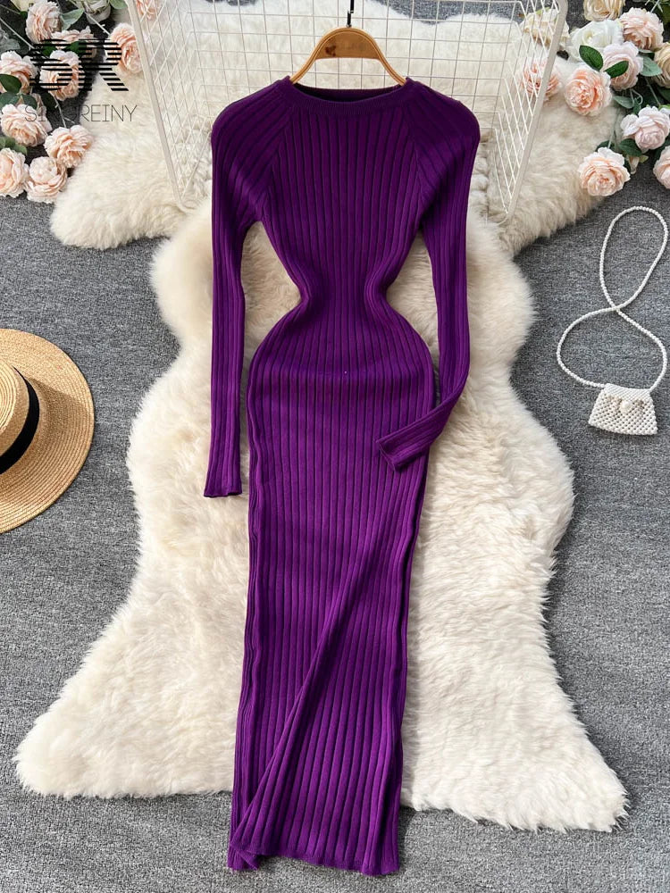 SINGREINY Winter Women Knit Maxi Dress O Neck Autumn Long Sleeve Slim Solid Harajuku Ladies Fashion Pencil Sweater Long Dresses Kafinashop