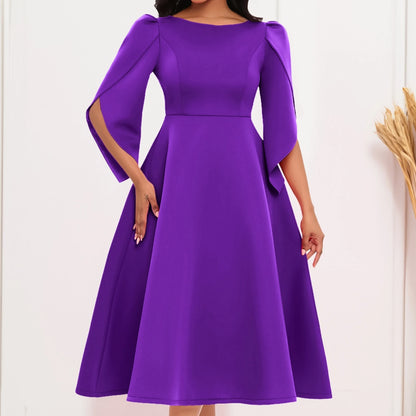 Women's Dress Elegant Party Dresses Summer Solid Color Round Neck Silm Evening Dress Female Large Swing Medium Length Dress Kafinashop