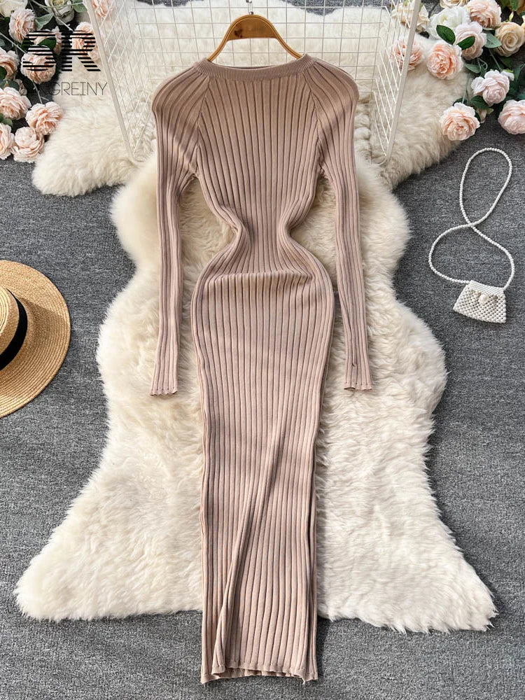 SINGREINY Winter Women Knit Maxi Dress O Neck Autumn Long Sleeve Slim Solid Harajuku Ladies Fashion Pencil Sweater Long Dresses Kafinashop