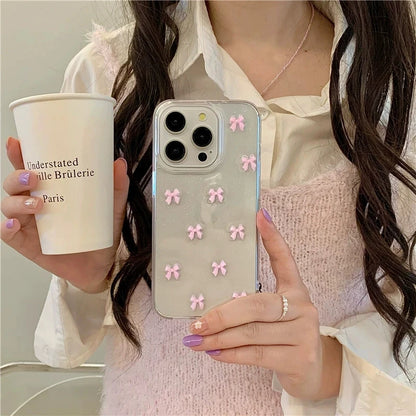 Cute Pink Bowknot Phone Case For iPhone 15 14 13 12 11 Pro Max X XS Max MiNi 7 8 Plus Korea Girl Soft Cover Epoxy Glitter Shell Kafinashop