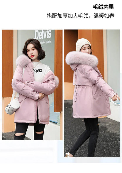 Winter Coat Low Price On Sale Women Beige Add Wool Thick Warmth Fur Hooded Parkas Jacket 2023 New Fashion Belt Slim Cotton Coat Kafinashop