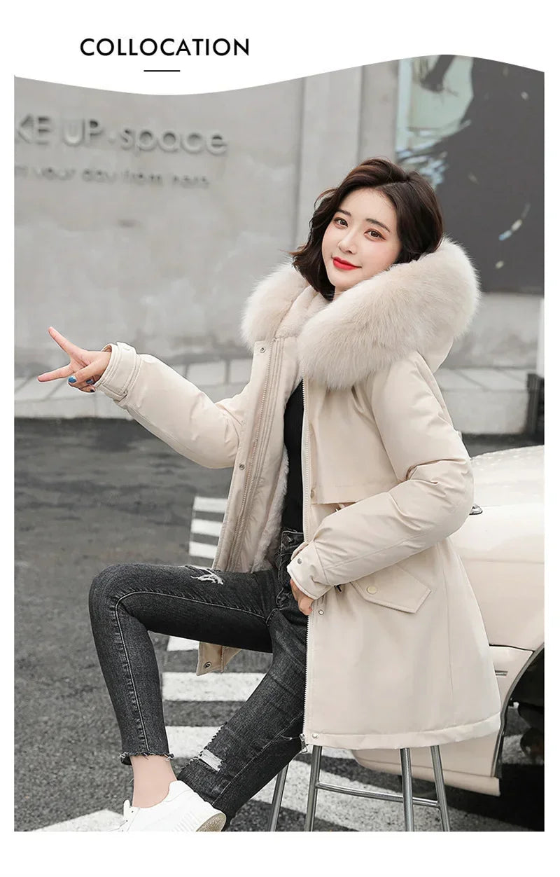 Winter Coat Low Price On Sale Women Beige Add Wool Thick Warmth Fur Hooded Parkas Jacket 2023 New Fashion Belt Slim Cotton Coat Kafinashop