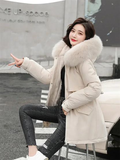 Winter Coat Low Price On Sale Women Beige Add Wool Thick Warmth Fur Hooded Parkas Jacket 2023 New Fashion Belt Slim Cotton Coat Kafinashop