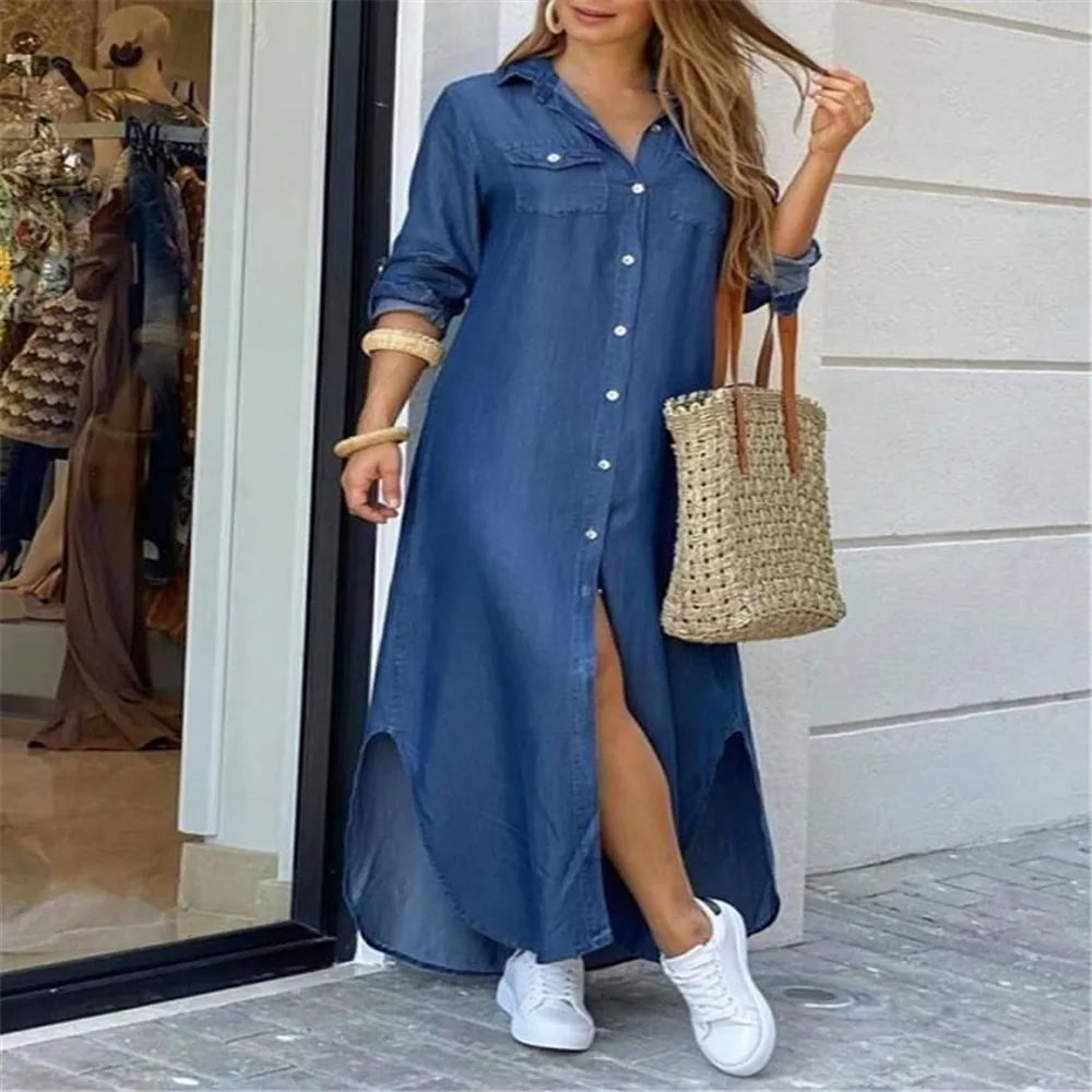 Autumn Long Dress Long Sleeve Shirt Women's Denim Pocket Button Shirt Printing Casual Loose Dress Kafinashop