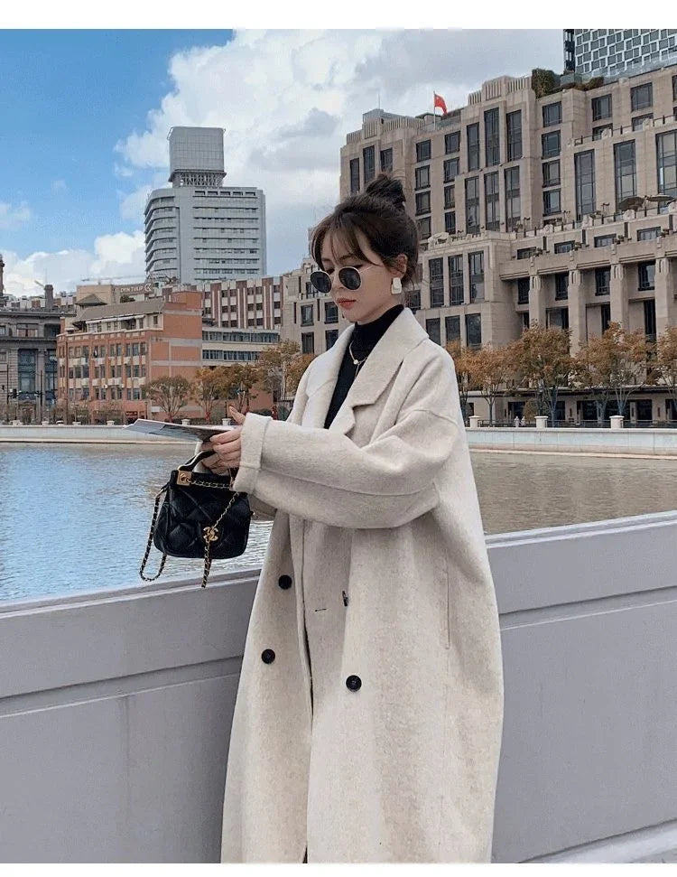 2023 Winter New Women's Loose-fit Woolen Jacket Medium-length Thickened Suit Collar Overcoat Korean Style Casual Clothing Kafinashop