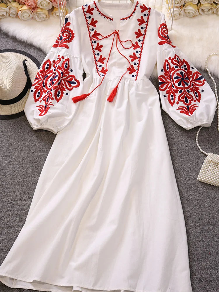 EWQ Sweet Style Y2K Women Nice Foreve Dress Embroidery O-neck Bandage Long-sleeve White Dresses Womens Spring Summer 2023 New Kafinashop