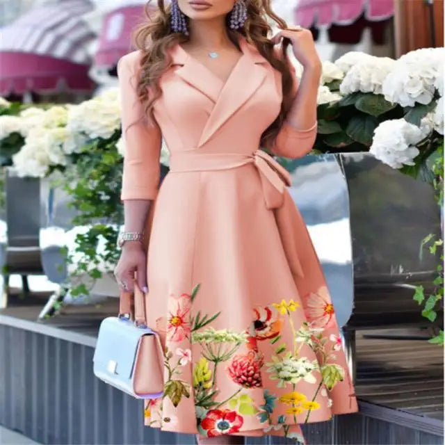 New Womens Dress Clothing Printing Suit Collar Tie Dress Kafinashop