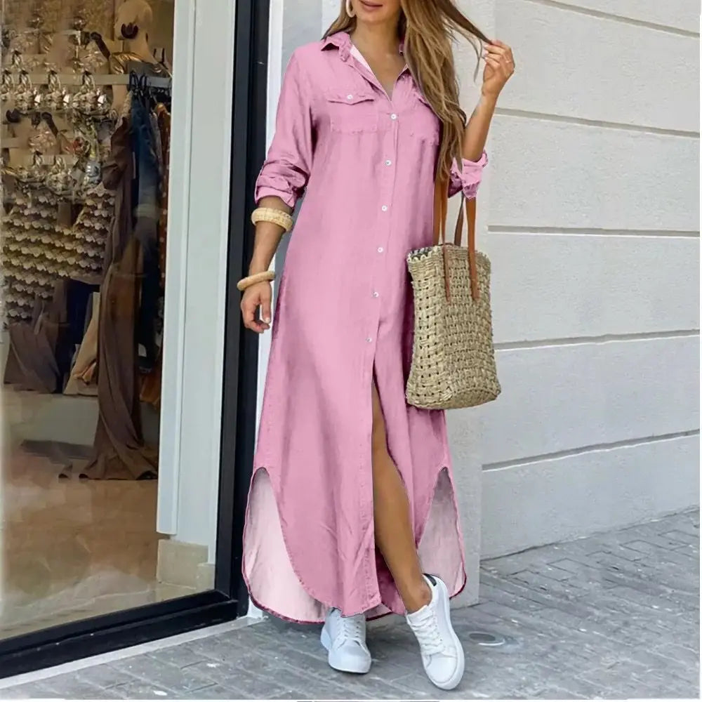 Autumn Long Dress Long Sleeve Shirt Women's Denim Pocket Button Shirt Printing Casual Loose Dress Kafinashop