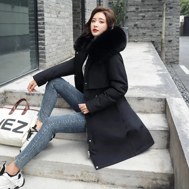 Winter Jacket 2023 New Women Parka Clothes Long Coat Wool Liner Hooded Jacket Fur Collar Thick Warm Snow Wear Padded Parka 6XL Kafinashop