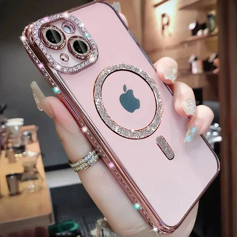 Clear Bling Crystal Phone Case For iPhone 15 14 11 12 13 Pro Max Plus For Magsafe Magnetic Wireless Charging Lens Film Cover Kafinashop