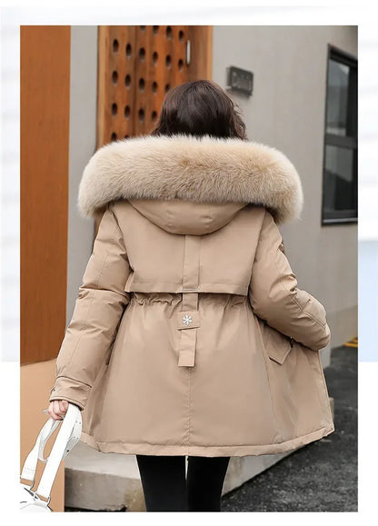 Winter Coat Low Price On Sale Women Beige Add Wool Thick Warmth Fur Hooded Parkas Jacket 2023 New Fashion Belt Slim Cotton Coat Kafinashop