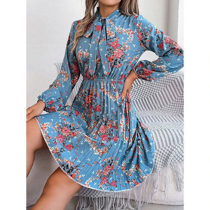 Krisnanas Autumn Women Dresses 2024 New Long Sleeves Loose Elasticity Flower Print Pleated Tied Round-Neck Mini Dresses Kafinashop