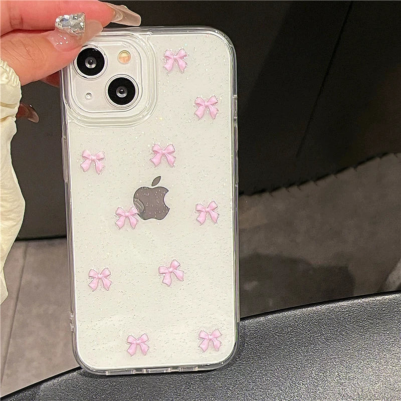 Cute Pink Bowknot Phone Case For iPhone 15 14 13 12 11 Pro Max X XS Max MiNi 7 8 Plus Korea Girl Soft Cover Epoxy Glitter Shell Kafinashop