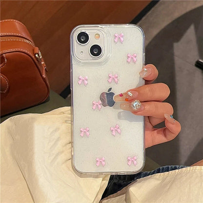 Cute Pink Bowknot Phone Case For iPhone 15 14 13 12 11 Pro Max X XS Max MiNi 7 8 Plus Korea Girl Soft Cover Epoxy Glitter Shell Kafinashop