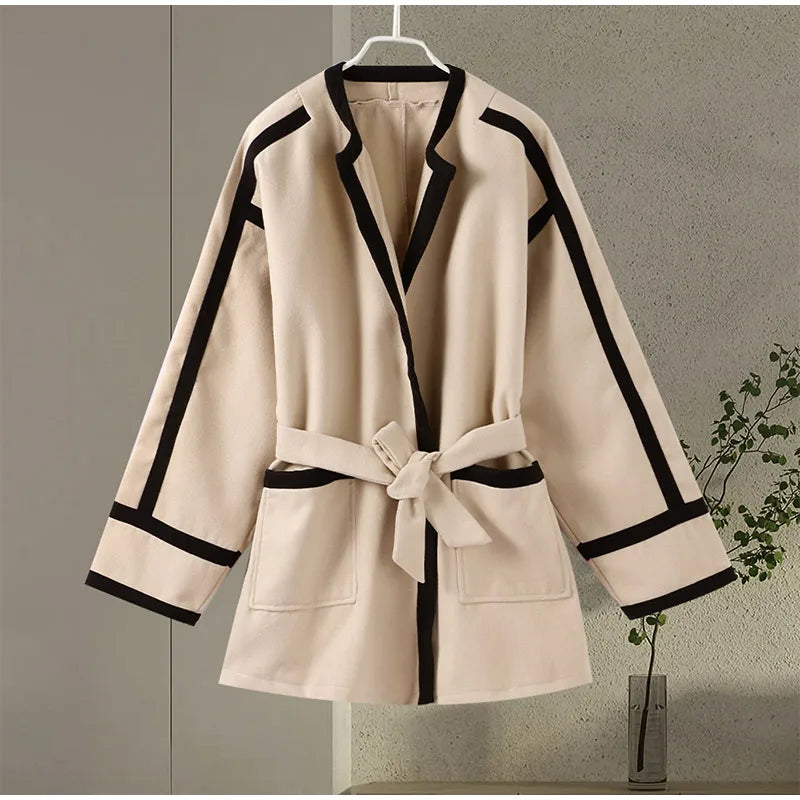 Striped Women's Woolen Coat Contrast Color Belts Long Sleeve Pocket Casual 2024 Autumn Office Coats Chic Street Jacket Outerwear Kafinashop