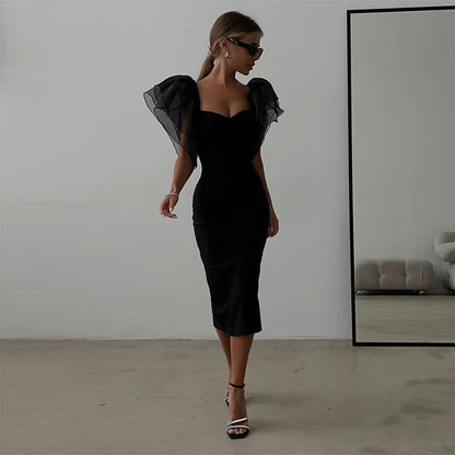 Mesh Butterfly Sleeve Sheath Bodycon Dress Women Square Neck Midi Robe Femme Solid Black Vestidos Mujer Sexy Lady Party Dresses Kafinashop