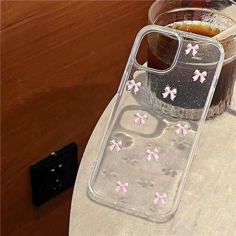 Cute Pink Bowknot Phone Case For iPhone 15 14 13 12 11 Pro Max X XS Max MiNi 7 8 Plus Korea Girl Soft Cover Epoxy Glitter Shell Kafinashop