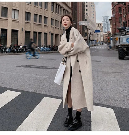 2023 Winter New Women's Loose-fit Woolen Jacket Medium-length Thickened Suit Collar Overcoat Korean Style Casual Clothing Kafinashop