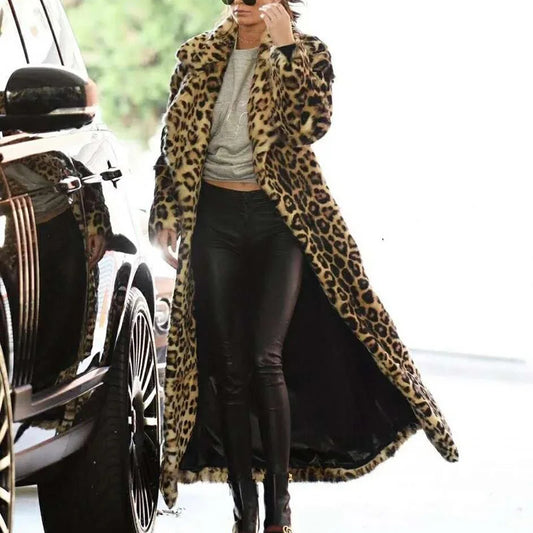 Extra Long Faux Fur Long Coat Women Furry Plus Size Fur Trench Coats Winter Warm 132CM Fur Leopard Jackets Female 2022 New Kafinashop