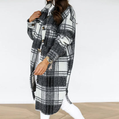 2024 Autumn Winter Women's Clothing Long Sleeve Single Breasted Trench Coat Fashion Long Woolen Plaid Overcoat Coat Kafinashop