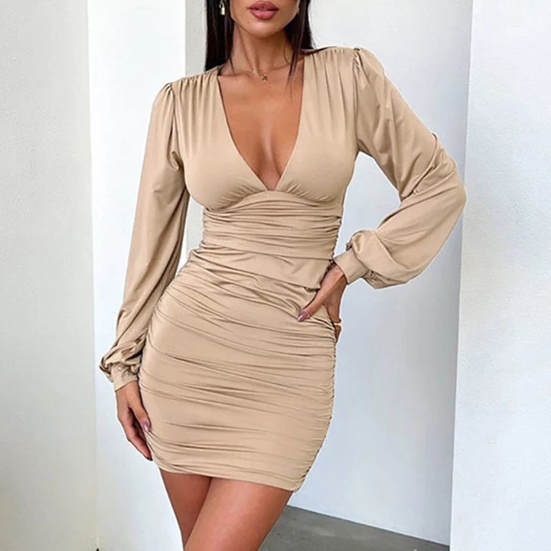 Women's Fashion Solid Color Party Dresses New Deep V High Waist Slim Mini Dress 2024 Elegant Long Sleeved Pleated Office Dress Kafinashop