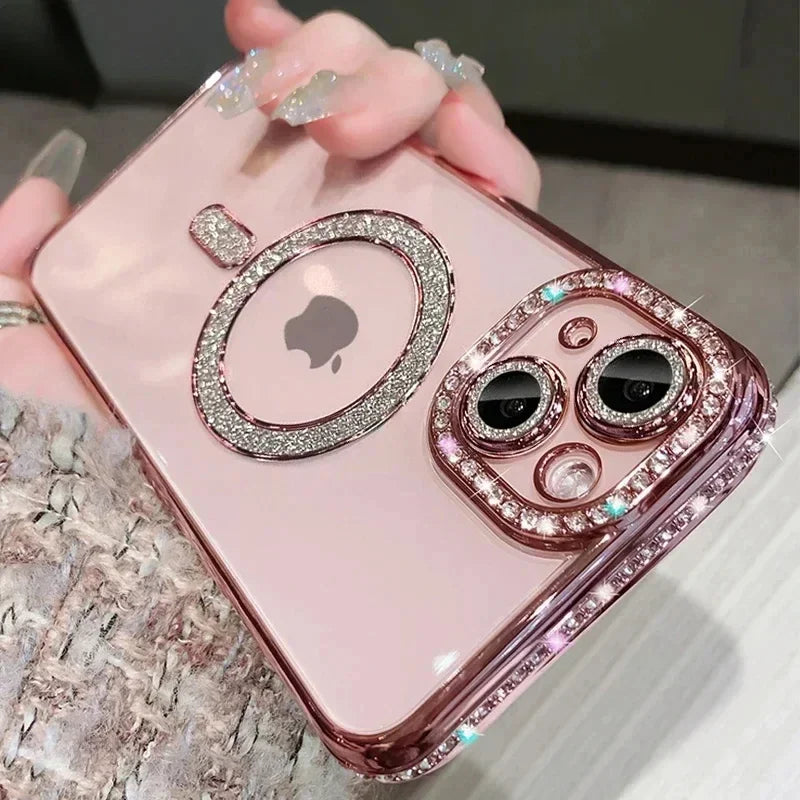 Clear Bling Crystal Phone Case For iPhone 15 14 11 12 13 Pro Max Plus For Magsafe Magnetic Wireless Charging Lens Film Cover Kafinashop