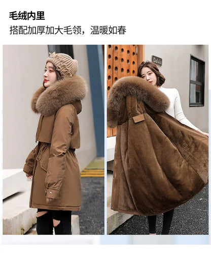 Winter Coat Low Price On Sale Women Beige Add Wool Thick Warmth Fur Hooded Parkas Jacket 2023 New Fashion Belt Slim Cotton Coat Kafinashop