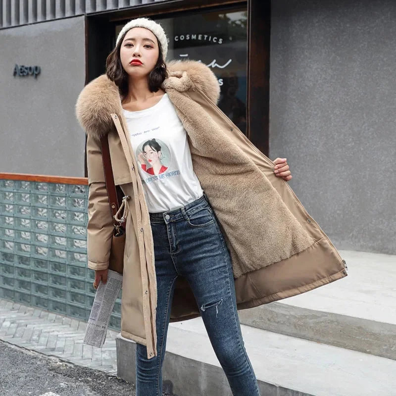 Winter Jacket 2023 New Women Parka Clothes Long Coat Wool Liner Hooded Jacket Fur Collar Thick Warm Snow Wear Padded Parka 6XL Kafinashop