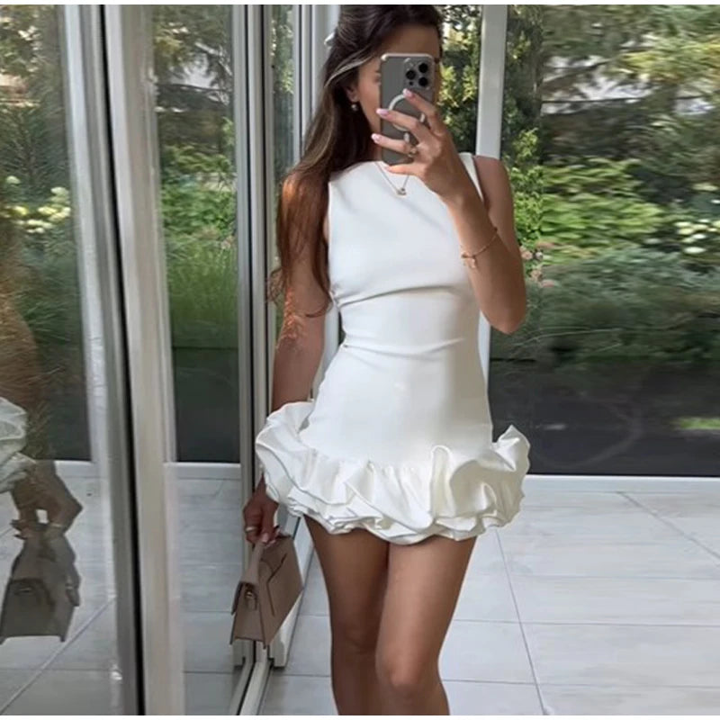 2024 New Elegant White Ruffles Pleated Mini Dress Women Fashion O-neck Sleeveless Slim Vestido Female Chic Party Evening Dresses Kafinashop