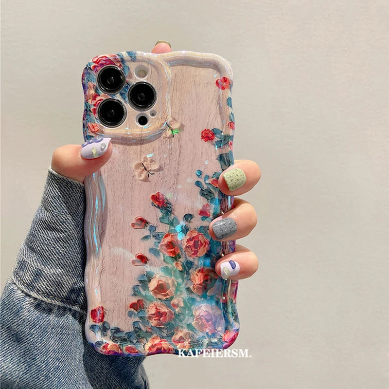 Laser Blue Light Flowers Phone Case For iPhone 14 Pro Max 11 12 13 Pro Max 14Pro 13Pro Luxury Shockproof TPU Soft Silicone Cover Kafinashop