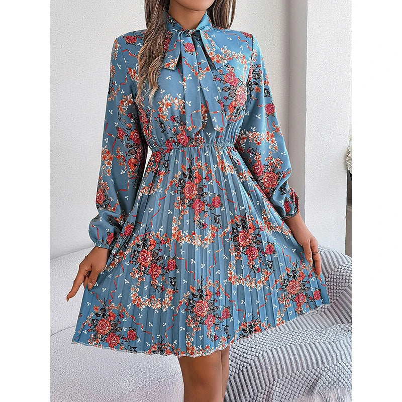 Krisnanas Autumn Women Dresses 2024 New Long Sleeves Loose Elasticity Flower Print Pleated Tied Round-Neck Mini Dresses Kafinashop