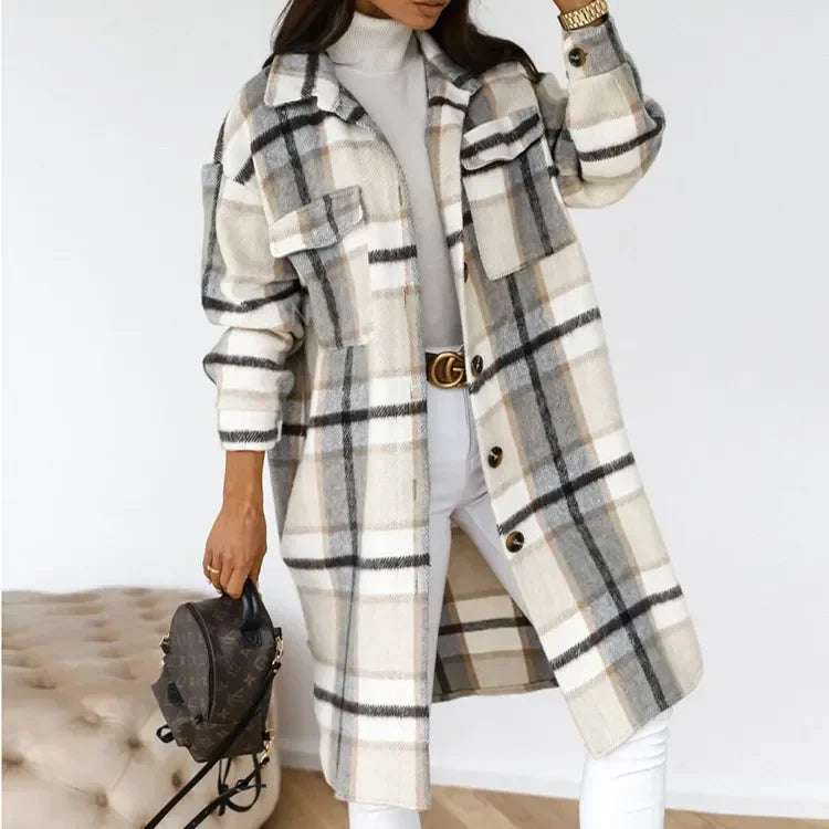 2024 Single Breasted Trench Coat Fashion Long Autumn Winter Women's Clothing Long Sleeve Woolen Plaid Overcoat Coat Kafinashop