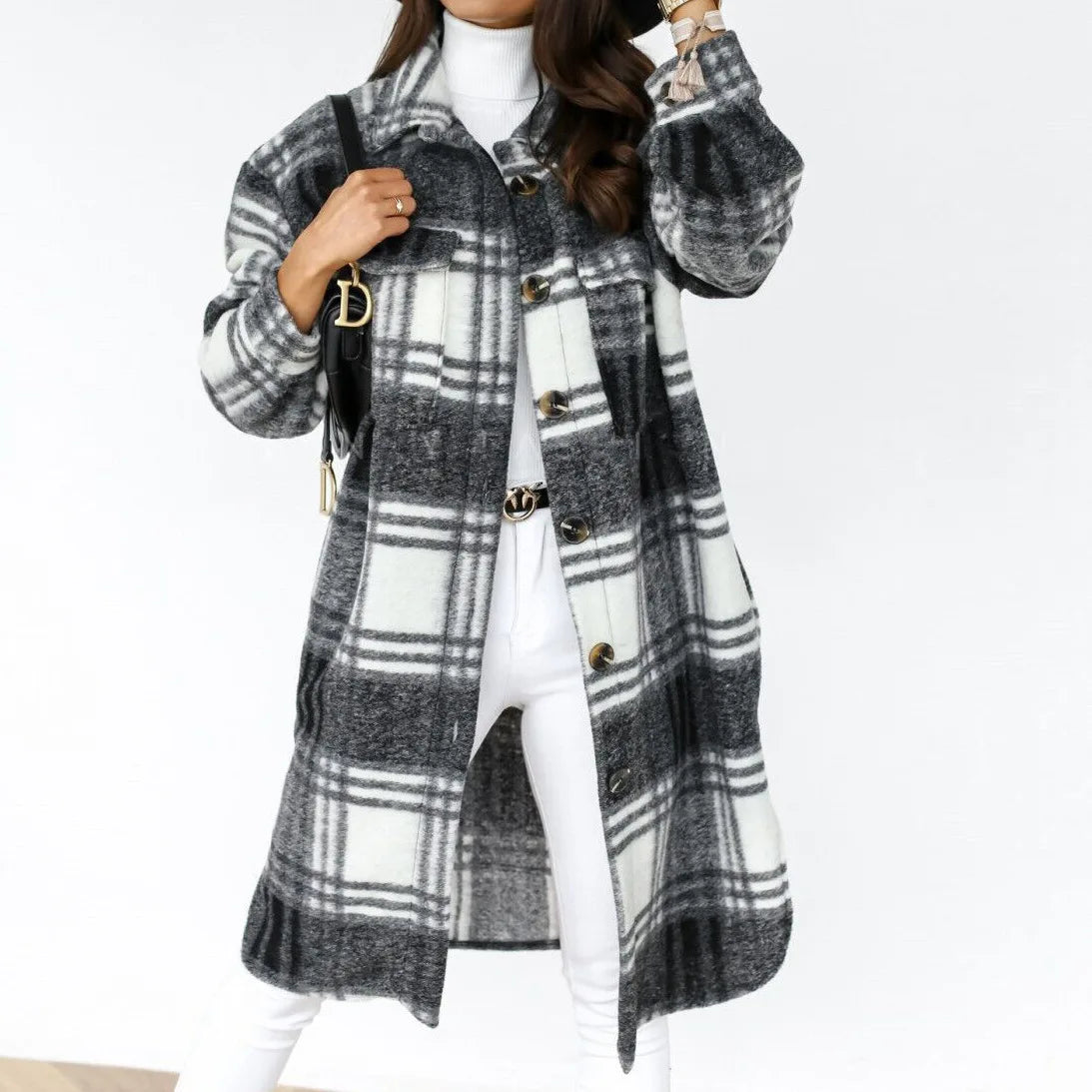 2024 Autumn Winter Women's Clothing Long Sleeve Single Breasted Trench Coat Fashion Long Woolen Plaid Overcoat Coat Kafinashop