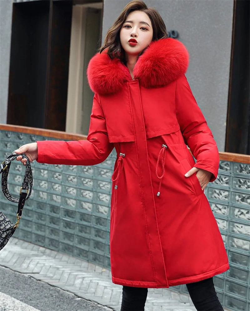 Winter Jacket 2023 New Women Parka Clothes Long Coat Wool Liner Hooded Jacket Fur Collar Thick Warm Snow Wear Padded Parka 6XL Kafinashop