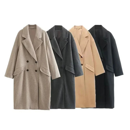 2024 Women's New Double-Breasted Warm Trench Coat Fall And Winter Fashion V-Neck Long-Sleeved Pocket Tweed Coat Women Long Coat Kafinashop