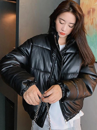 Winter Warm Thick PU Leather Coats Women Short Parkas Fashion Black Cotton Padded Lady Down Jacket Elegant Zipper Clothes 2024 Kafinashop