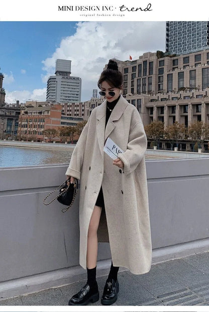 2023 Winter New Women's Loose-fit Woolen Jacket Medium-length Thickened Suit Collar Overcoat Korean Style Casual Clothing Kafinashop