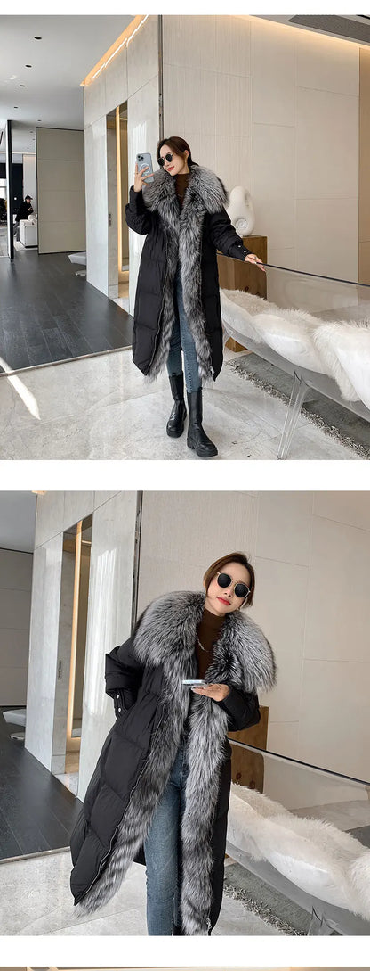 2024 New Winter Women Warm Coat 90% Goose Down Jacket Long Real Fox Fur Collar Thick Luxury Outerwear Female Coat Streetwear Kafinashop