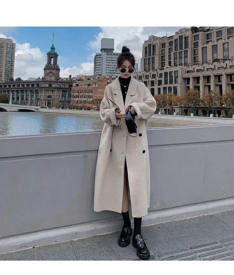 2023 Winter New Women's Loose-fit Woolen Jacket Medium-length Thickened Suit Collar Overcoat Korean Style Casual Clothing Kafinashop