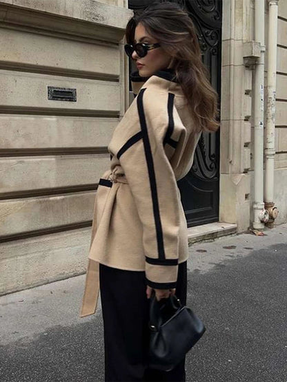 Striped Women's Woolen Coat Contrast Color Belts Long Sleeve Pocket Casual 2024 Autumn Office Coats Chic Street Jacket Outerwear Kafinashop